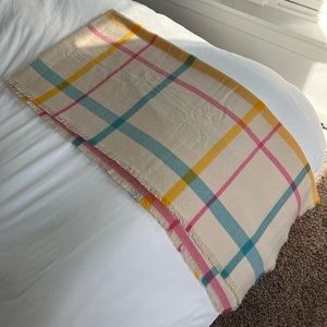 Scarf, big and chunky tan, cream with yellow, pink, and blue stripes for flannel